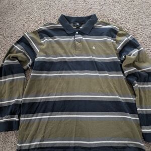 Volcom Green and Blue Polo Shirt Classic Striped Design